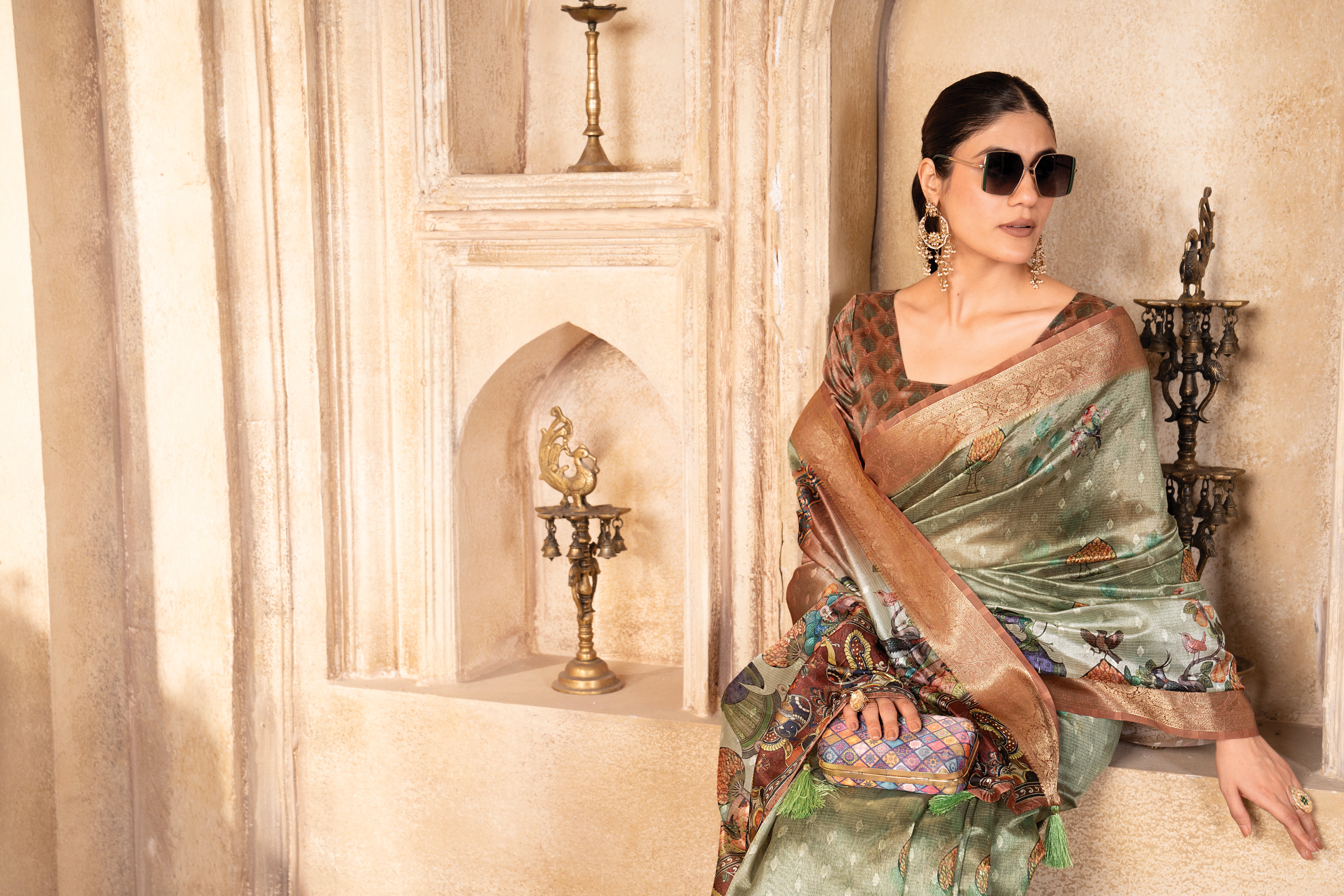 Pista Green Tussar Silk Figure Print Saree